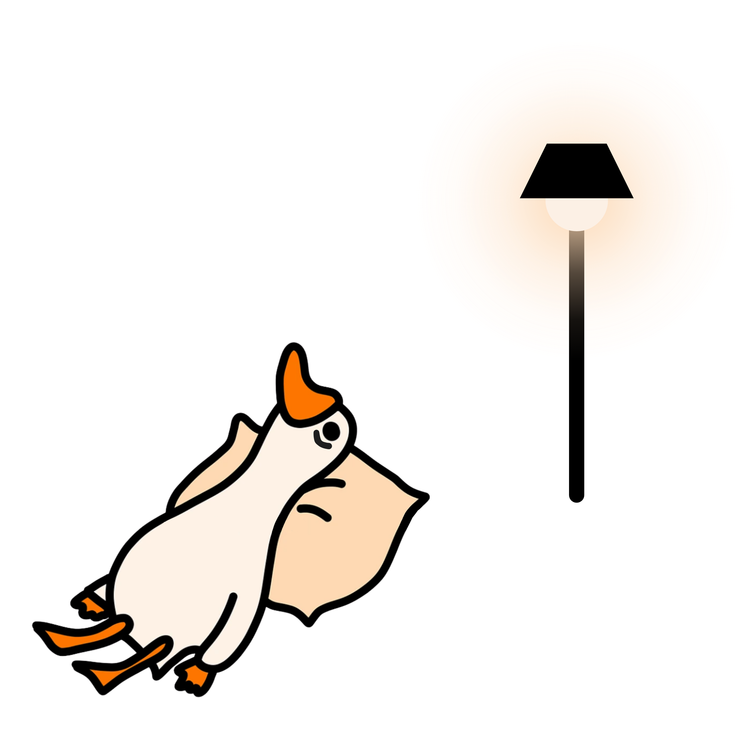 Gerald the goose, asleep with his eyes open, under a streetlamp